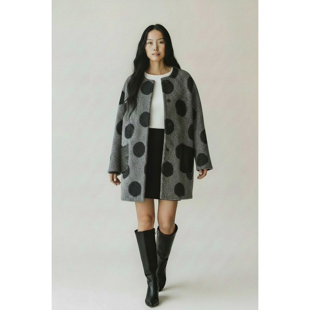 Luii Polka Dot Coat Womens OS Grey Excellent Wool Blend Collarless Oversized